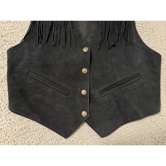 Cowboy Leather Vest Mine Bills Outfitters Medium Western Biker Black Fringe Mens - Picture 4 of 8